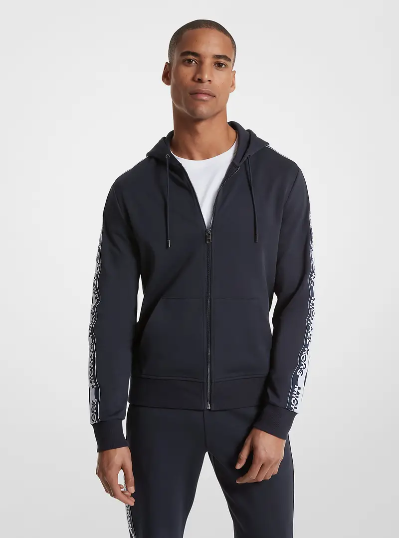 MK Felpa in misto cotone con fettuccia logo, cappuccio e zip - Blu - Michael Kors