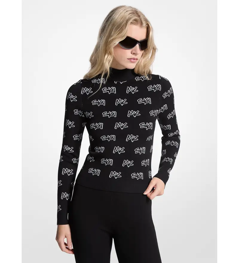 per donna. MF561COK0M Maglione da sci jacquard nero con loghi e collo alto (XS), Casual, Viscosa