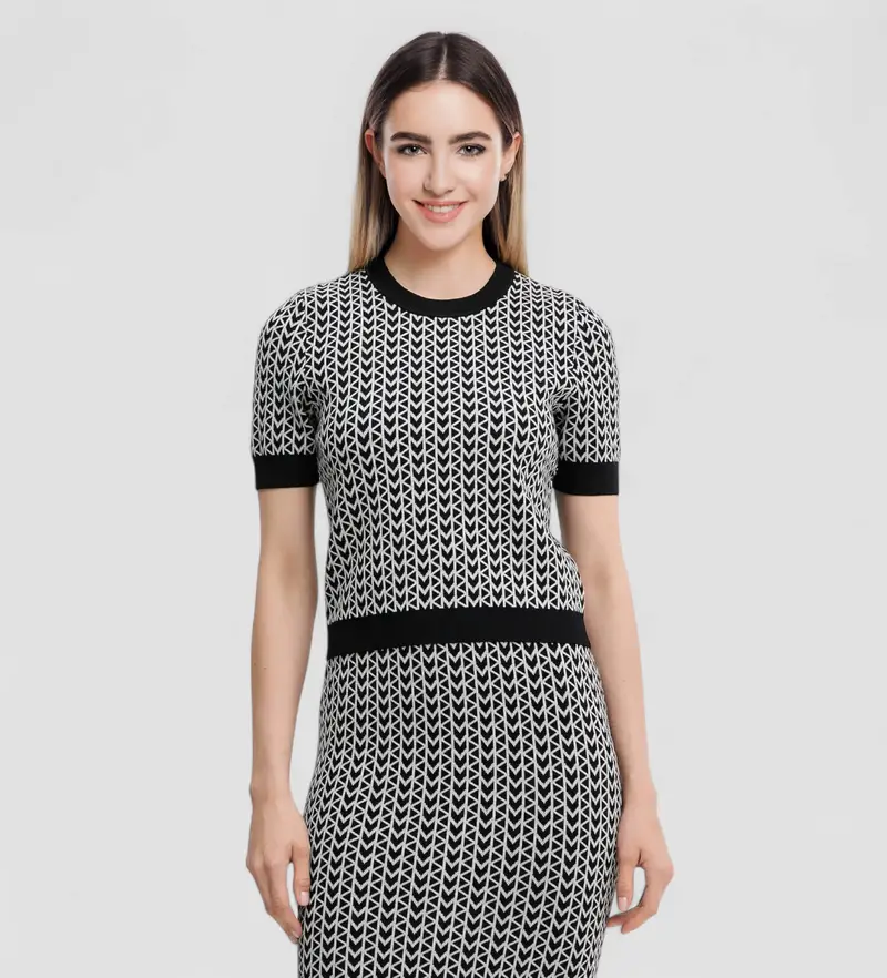 per donna. MT56198HQG Maglia girocollo in jacquard nero a maniche corte (XS), Casual, Viscosa, Manica corta