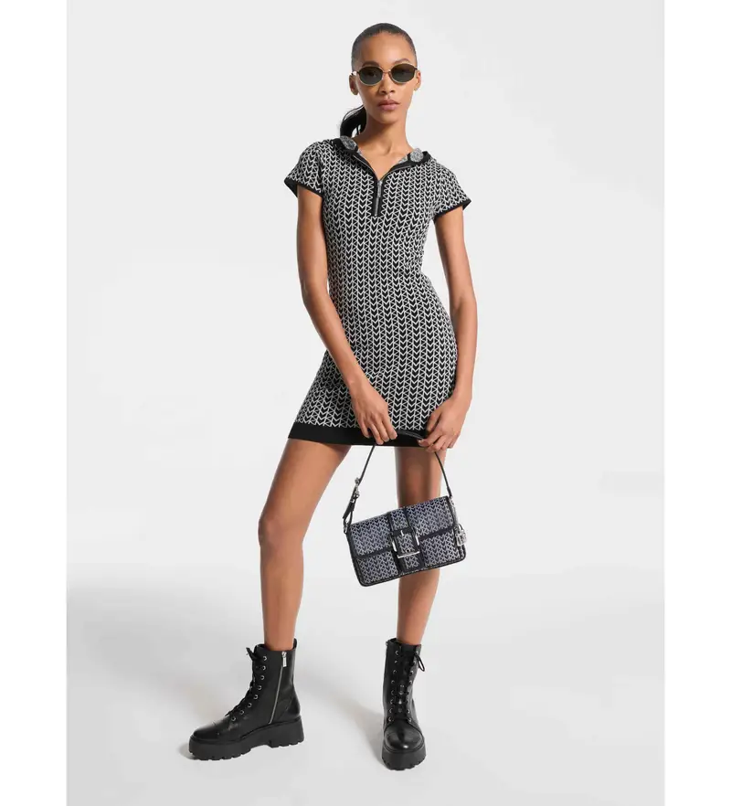 per donna MT5834LHQG Abito con cappuccio in jacquard con logo MK2000 nero (XS), Casual, Viscosa, Manica corta