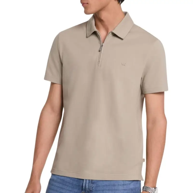 polo da uomo in cotone con zip frontale e logo monogram sul petto a sinistra beige