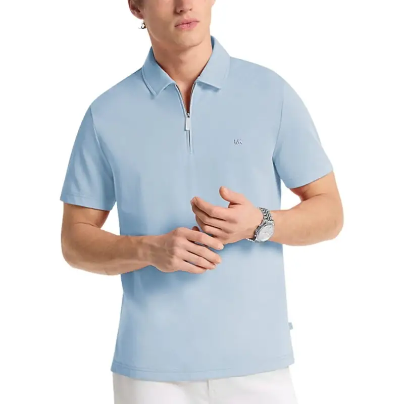 polo da uomo in piqué di misto cotone con zip celeste