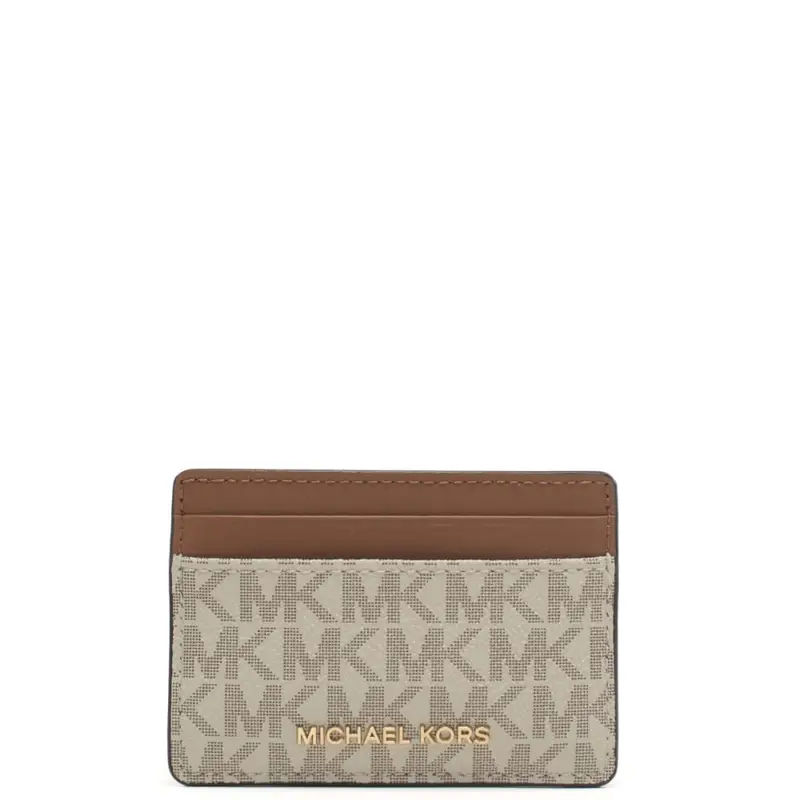 portacarte da donna in vera pelle con logo all over e logo lettering sul davanti vaniglia