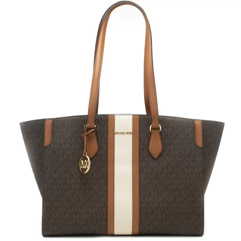 shopping bag da donna con pattern logo monogram e inserto centrale a contrasto colore marrone acorn