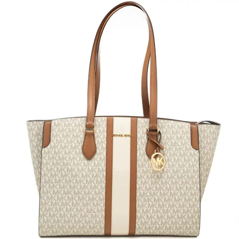 shopping bag da donna con pattern logo monogram e inserto centrale a contrasto colore vanilla acorn