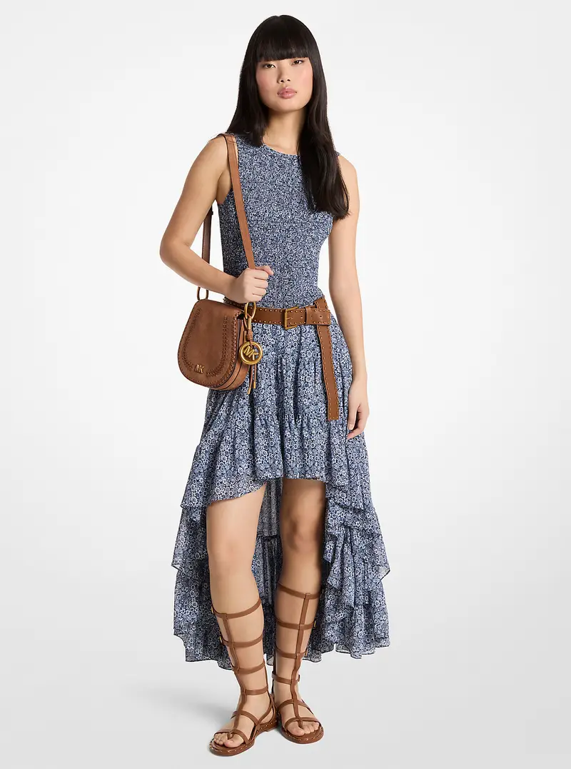 MK Abito asimmetrico in georgette con stampa floreale e arricciature - Blu - Michael Kors