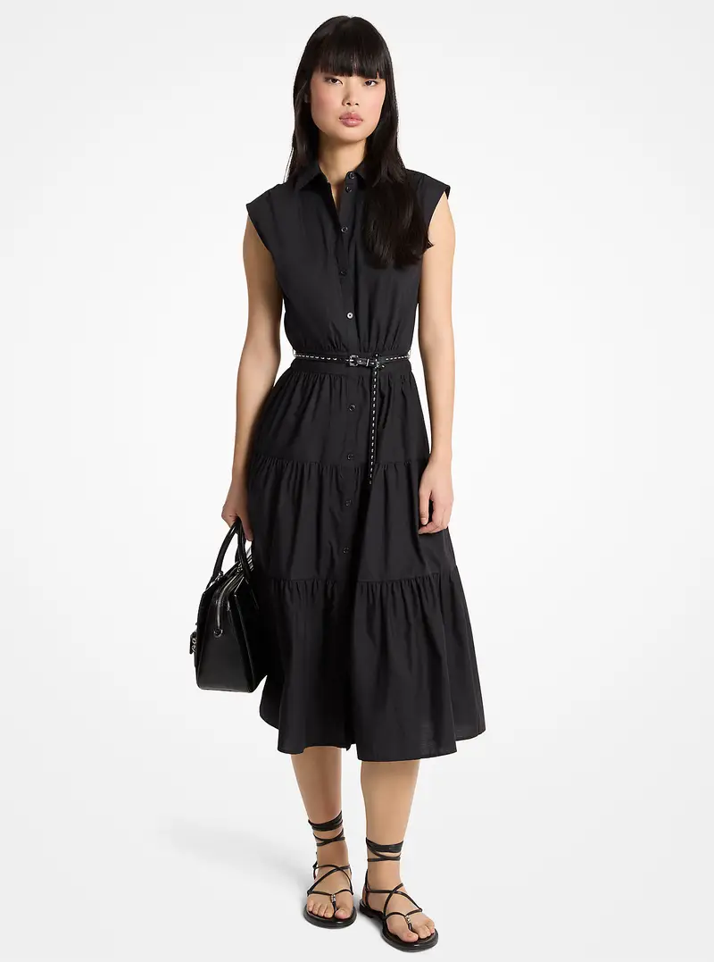 MK Abito chemisier smanicato in popeline di cotone con cintura - Nero - Michael Kors