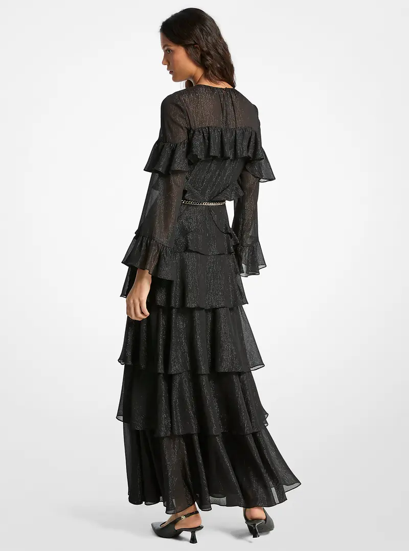 MK Abito con volant in georgette a righe metallizzate - Nero - Michael Kors miniatura 2