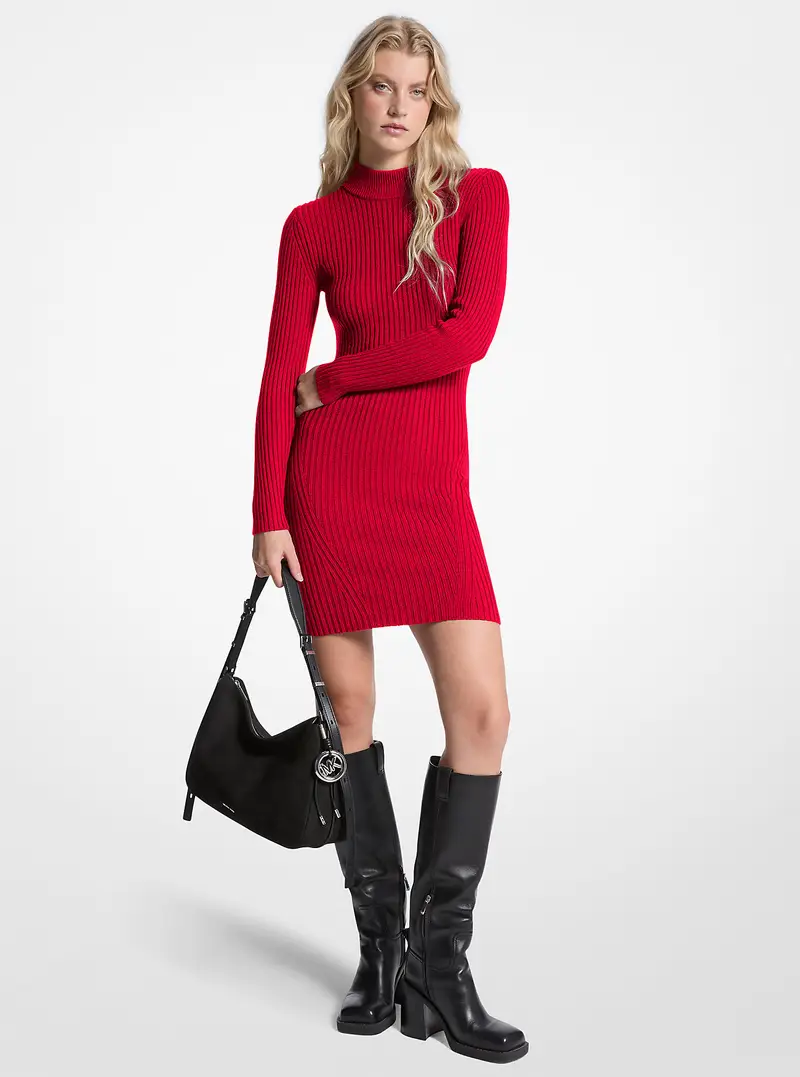 MK Abito in lana stretch a costine con collo a lupetto - Rosso - Michael Kors