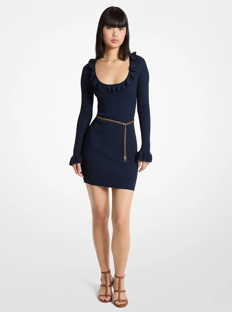 MK Abito in maglia stretch con cintura e volant - Blu - Michael Kors miniatura 2