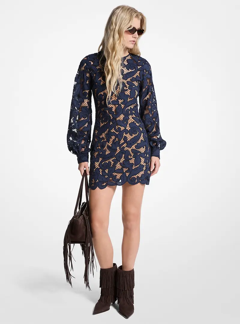 MK Abito in pizzo motivo paisley con maniche blouson - Blu - Michael Kors