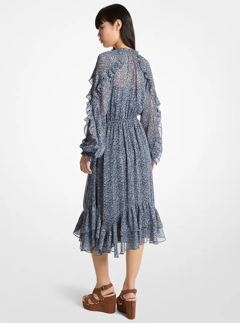 MK Abito longuette in georgette con stampa floreale metallizzata, arricciature e cintura - Blu - Michael Kors miniatura 2