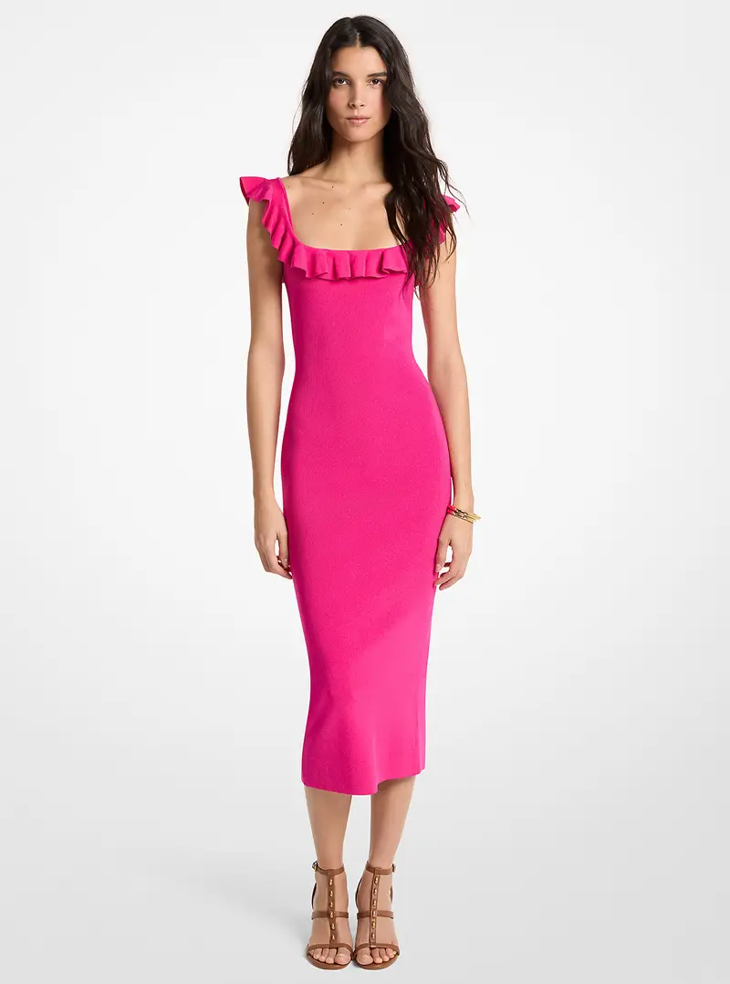 MK Abito longuette in viscosa stretch con volant - Rosa - Michael Kors miniatura 2