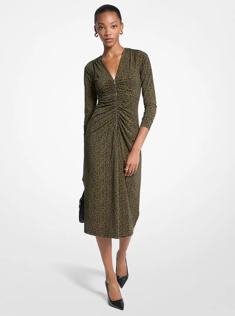 MK Abito midi in jersey stretch opaco con stampa paisley - Verde - Michael Kors
