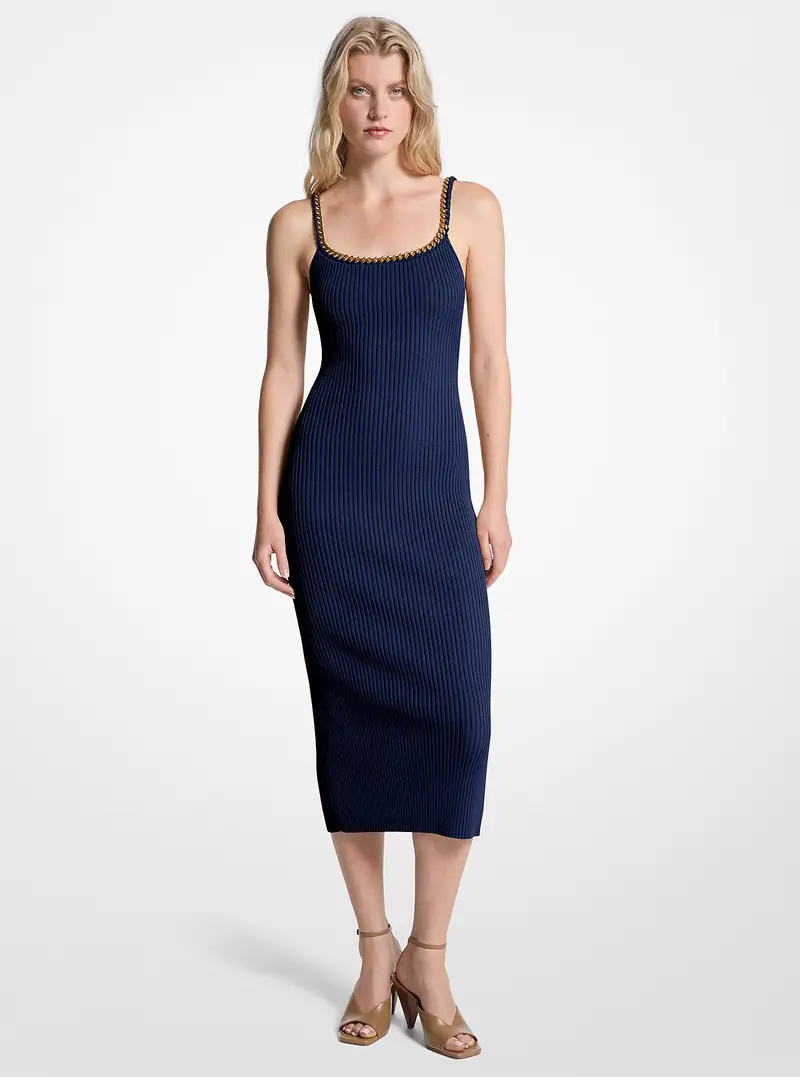 MK Abito midi in maglia stretch a coste con catena - Blu - Michael Kors
