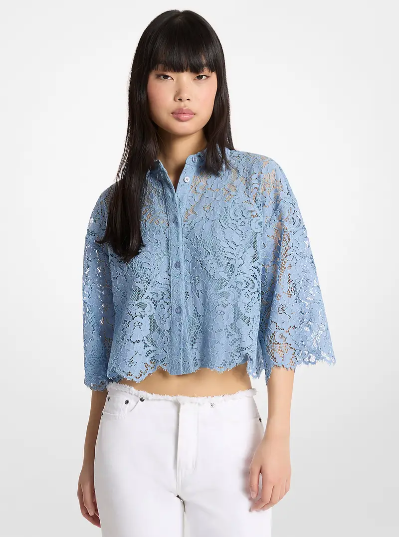 MK Blusa cropped in pizzo cordonato floreale - Blu - Michael Kors