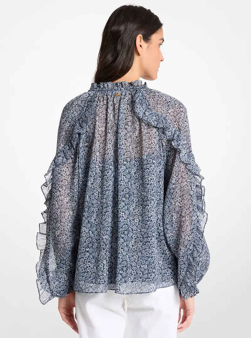 MK Blusa in georgette con motivo floreale metallizzato e volant - Blu - Michael Kors miniatura 2
