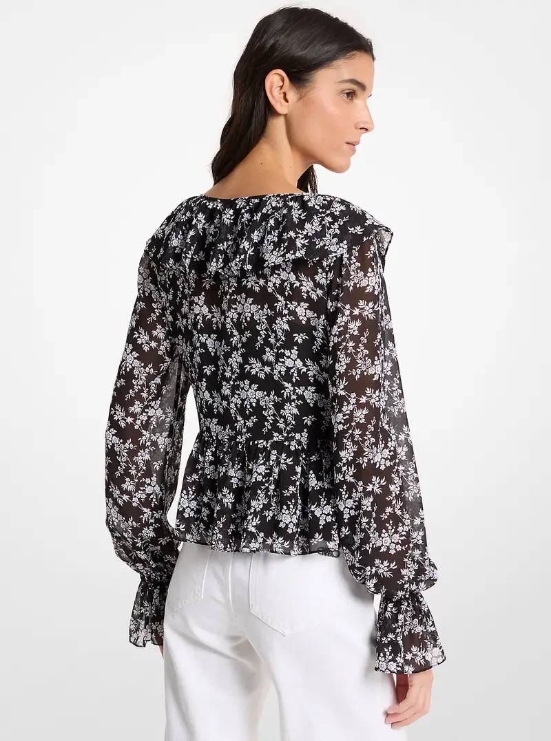 MK Blusa in georgette con stampa floreale e volant - Nero - Michael Kors miniatura 2