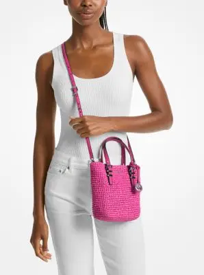 MK Borsa a tracolla Quinn extra-small in paglia lavorata a mano - Rosa - Michael Kors miniatura 2