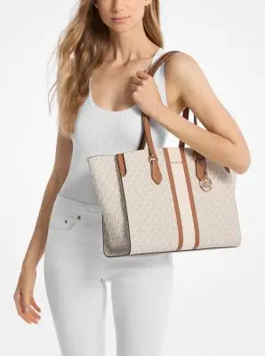 MK Borsa tote Becca grande con riga e logo - Naturale - Michael Kors miniatura 2