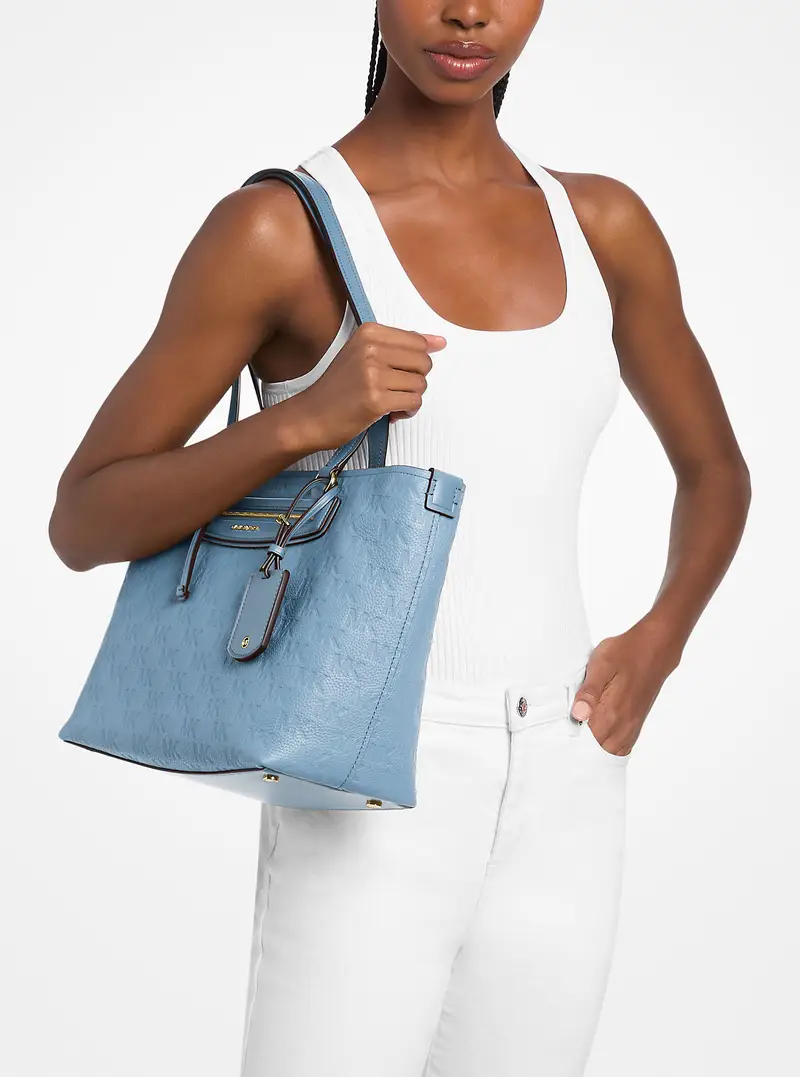 MK Borsa tote Jet Set Travel media in pelle con logo in rilievo - Blu - Michael Kors miniatura 3