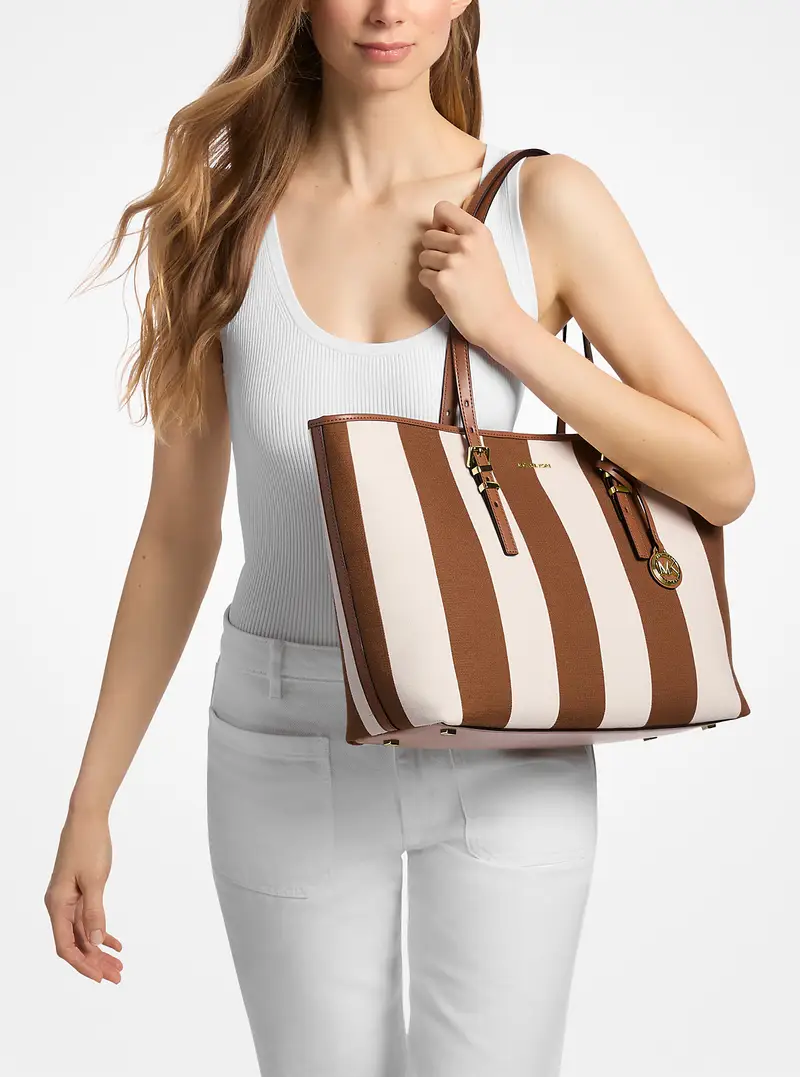 MK Borsa tote Quinn grande in tela a righe - Marrone - Michael Kors miniatura 3