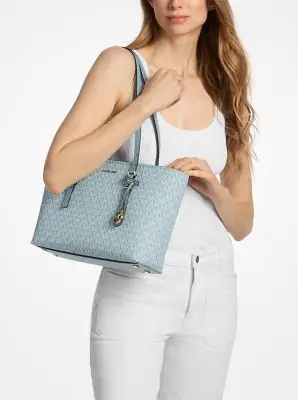 MK Borsa tote Quinn media in pelle e stampa logo - Blu - Michael Kors miniatura 2