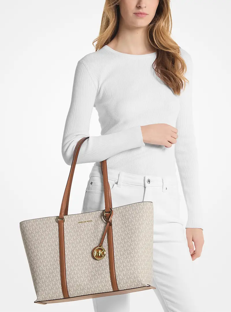 MK Borsa tote Temple grande con stampa logo - Naturale - Michael Kors miniatura 3