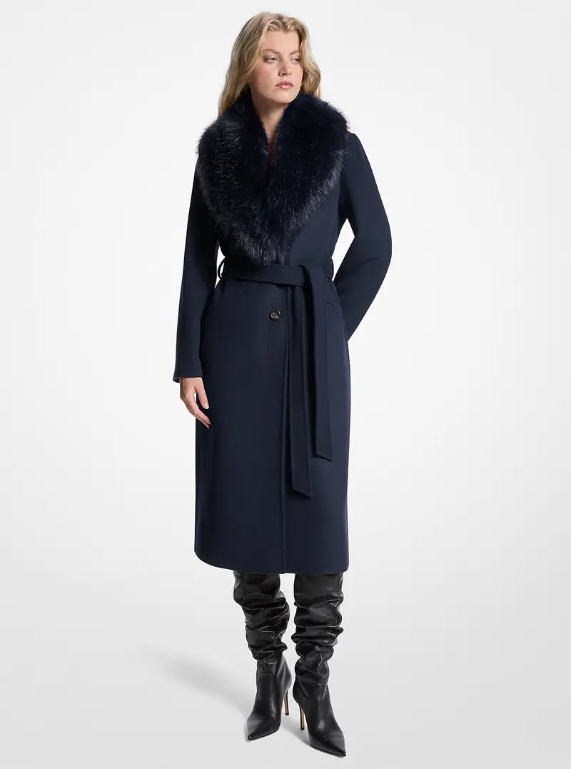 MK Cappotto in misto lana con finitura in pelliccia sintetica - Blu - Michael Kors