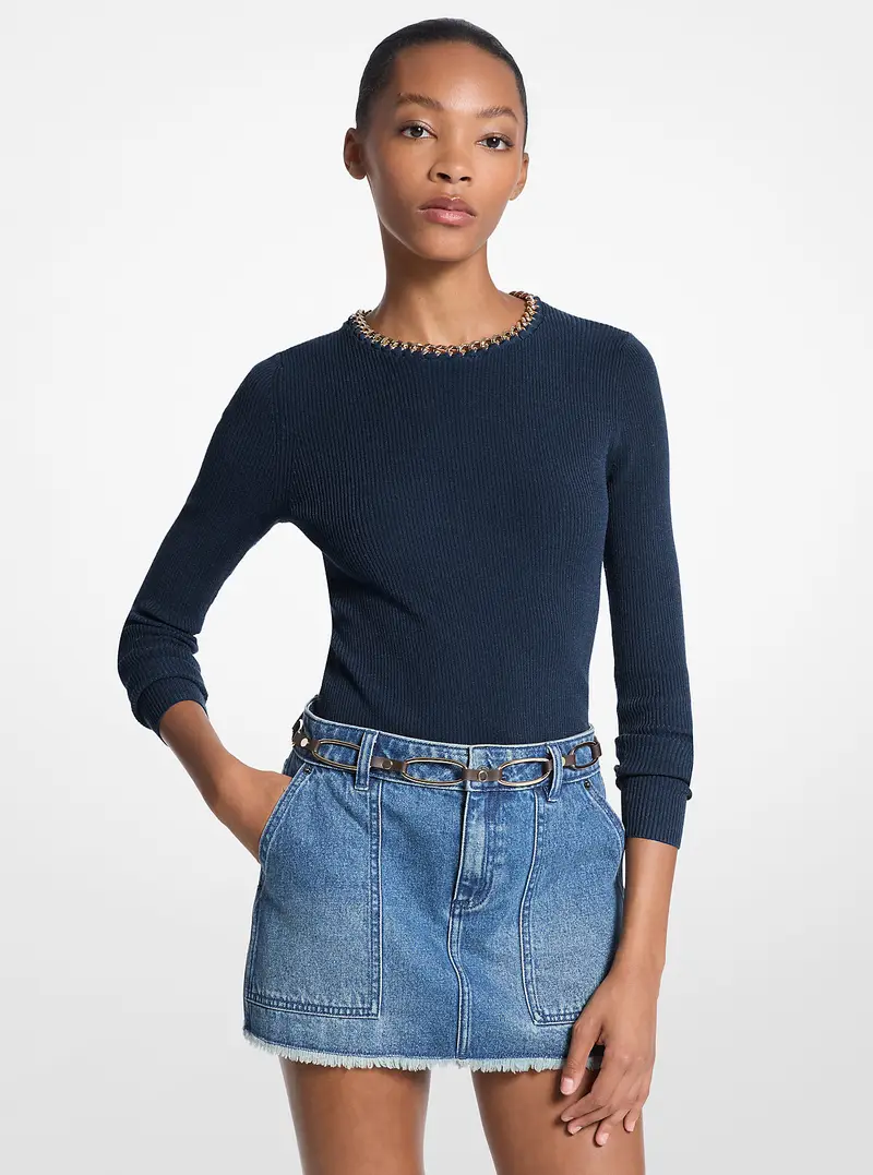 MK Maglia in misto viscosa a coste con dettaglio a catena - Blu - Michael Kors