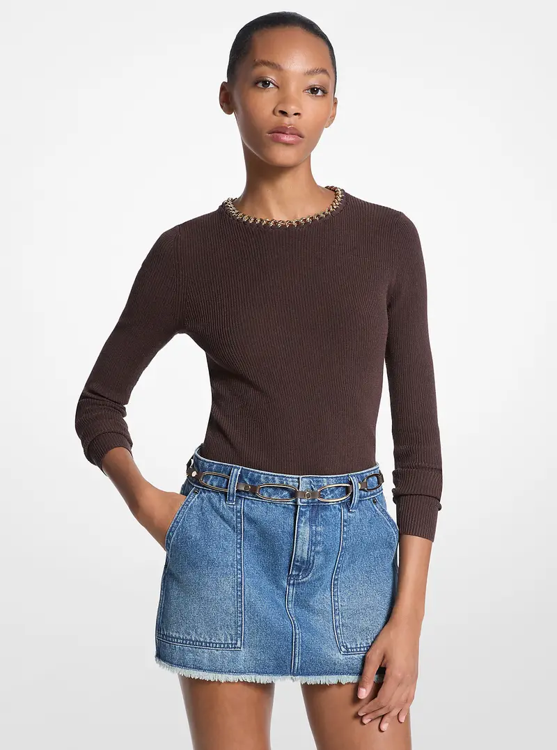 MK Maglia in misto viscosa a coste con dettaglio a catena - Marrone - Michael Kors