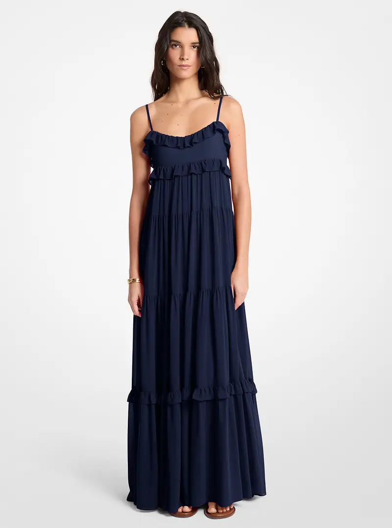 MK Maxi abito in georgette a balze - Blu - Michael Kors