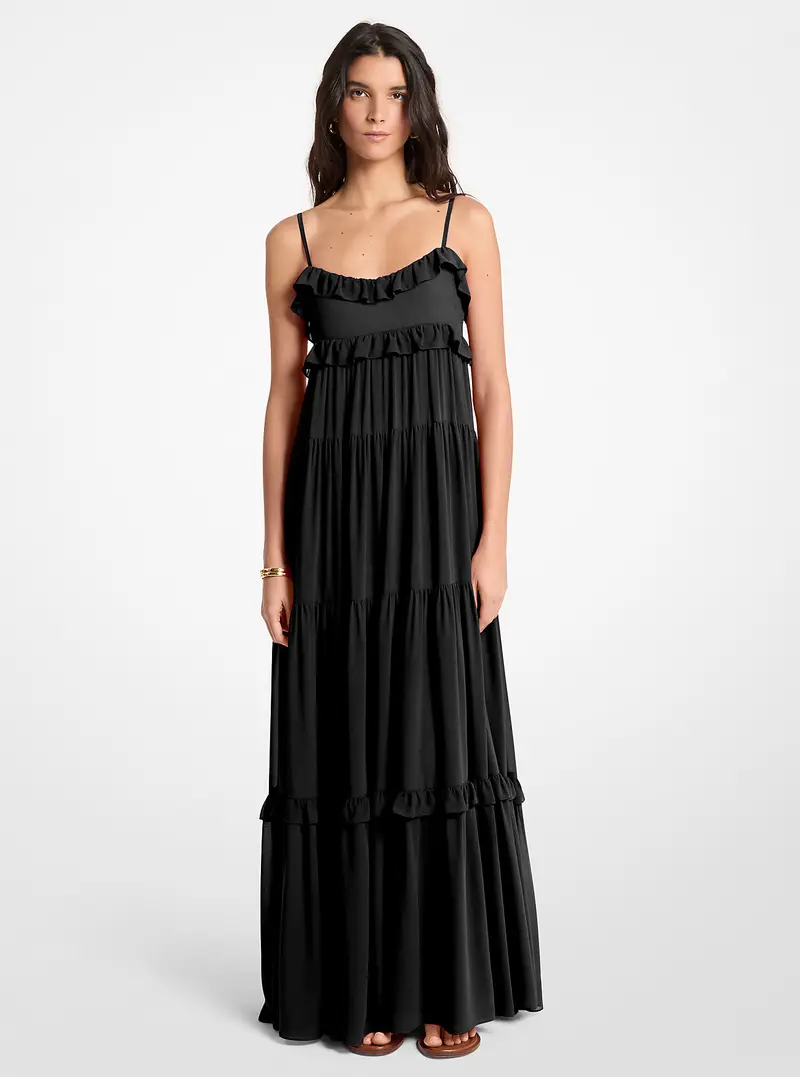 MK Maxi abito in georgette a balze - Nero - Michael Kors