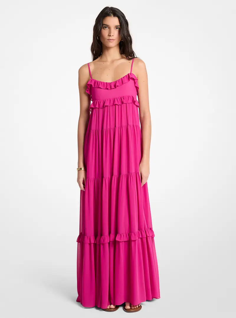 MK Maxi abito in georgette a balze - Rosa - Michael Kors