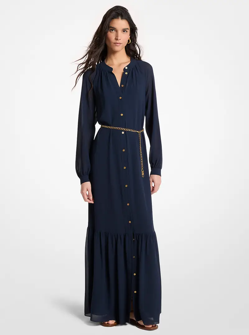 MK Maxi abito in georgette con cintura - Blu - Michael Kors