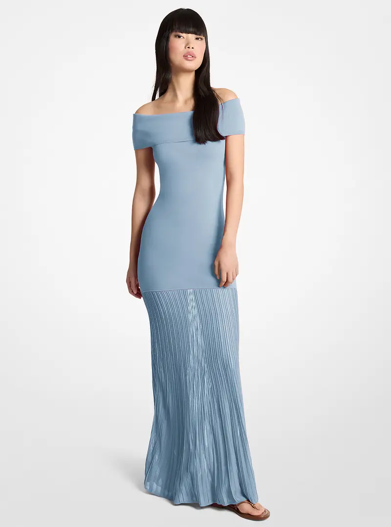 MK Maxi abito in maglia plissettata stretch con spalle scoperte - Blu - Michael Kors