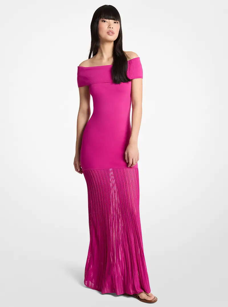 MK Maxi abito in maglia plissettata stretch con spalle scoperte - Rosa - Michael Kors miniatura 2