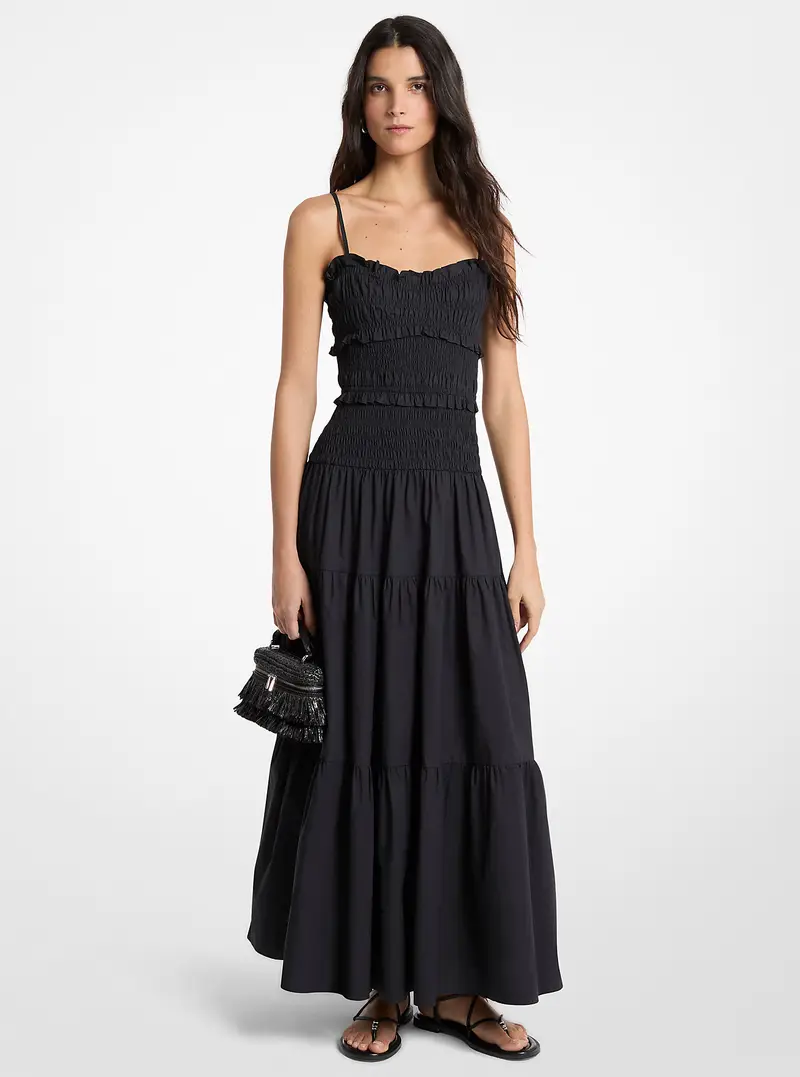 MK Maxi abito in popeline di cotone con arricciature - Nero - Michael Kors