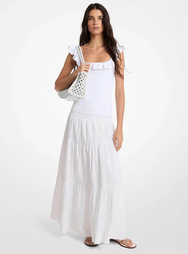 MK Maxi gonna a balze in popeline di cotone arricciato - Bianco - Michael Kors