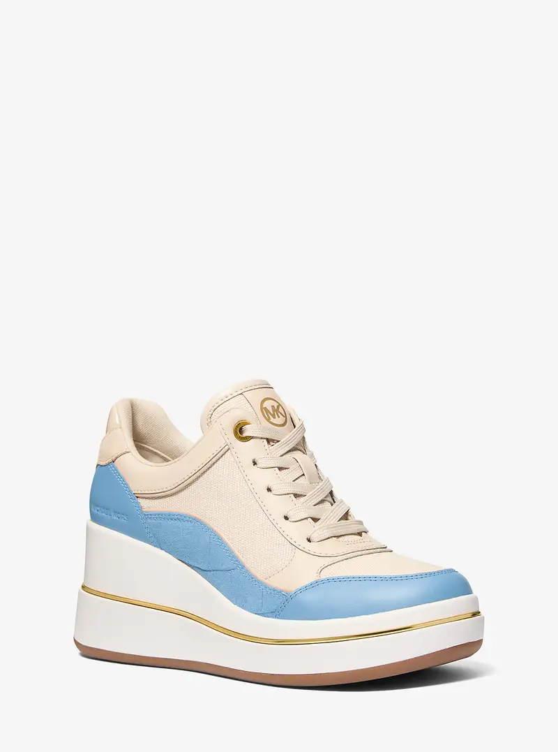 MK Sneaker Emmy in pelle e tela con zeppa - Blu - Michael Kors