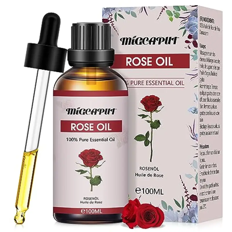 MIGCAPUT Olio Essenziale di Rosa 100ML, Olio di Rosa di Grado Terapeutico Naturale Puro al 100%, Oli Essenziali di Aromaterapia per Diffusori, Umidificatore, Massaggi, Relax, Lenire l'umore