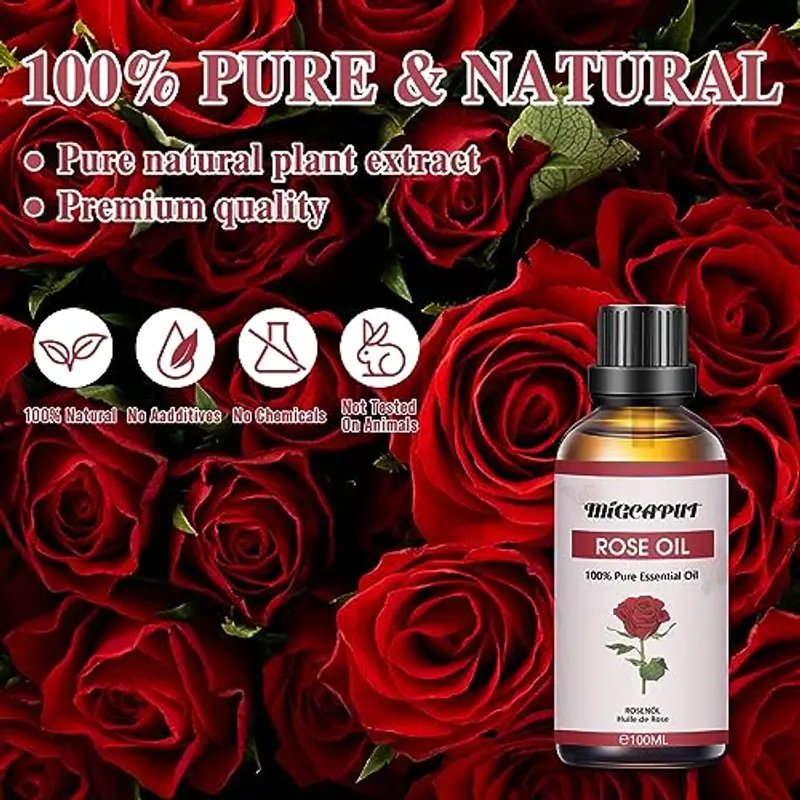 MIGCAPUT Olio Essenziale di Rosa 100ML, Olio di Rosa di Grado Terapeutico Naturale Puro al 100%, Oli Essenziali di Aromaterapia per Diffusori, Umidificatore, Massaggi, Relax, Lenire l'umore miniatura 2