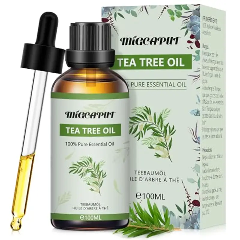 MIGCAPUT Tea Tree Oil 100ML, Oli Essenziali di Aromaterapia Naturale Puro al 100%, Olio Essenziale di Tea Tree di Grado Terapeutico per la Pelle, Cura dei Capelli, Anti Acne, Sterilizzazione