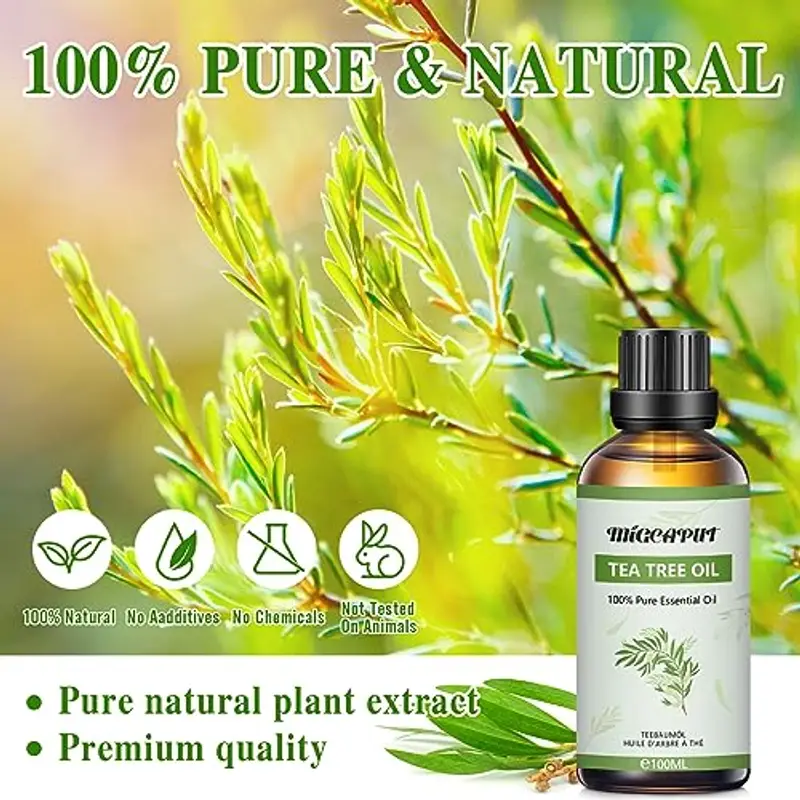 MIGCAPUT Tea Tree Oil 100ML, Oli Essenziali di Aromaterapia Naturale Puro al 100%, Olio Essenziale di Tea Tree di Grado Terapeutico per la Pelle, Cura dei Capelli, Anti Acne, Sterilizzazione miniatura 2