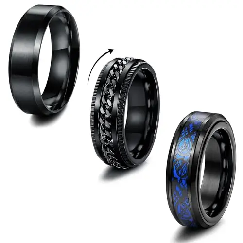 Milacolato 3 Anello Uomo Nero Acciaio Inossidabile Anello Antistress Cool Catena Ritorta Ferma Anello Celtico Drago