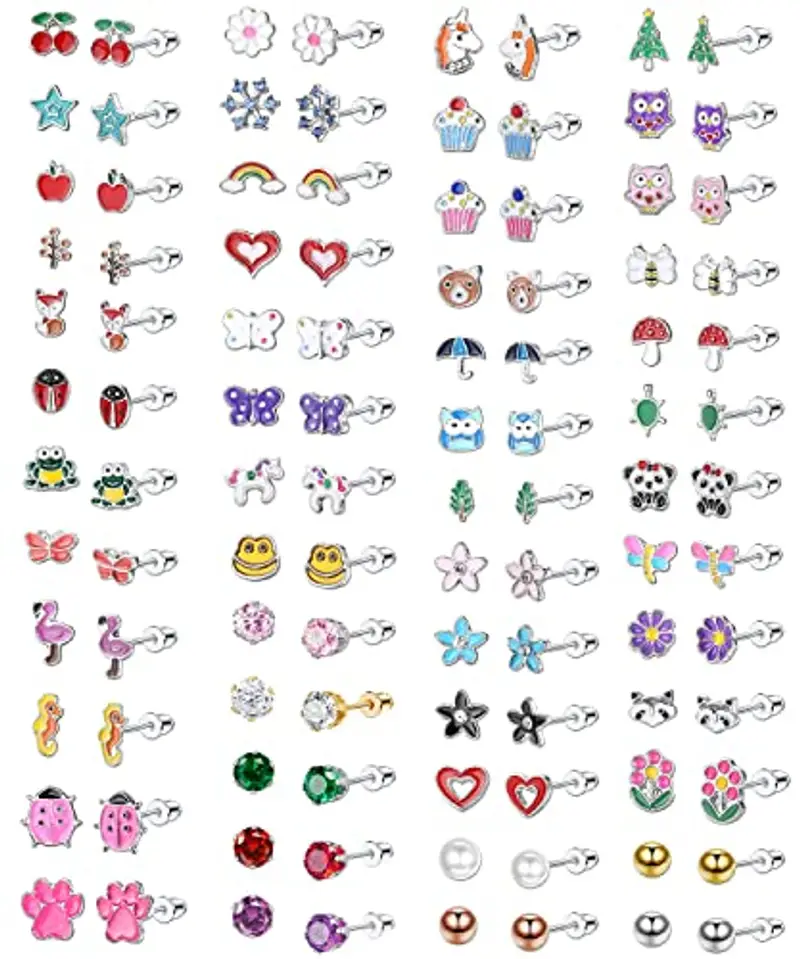 MILACOLATO 51Paia Orecchini Piccoli per Bambine Orecchini a Bottone con Aghi per Orecchie Acciaio Inossidabile Ipoallergenico, CZ Colorati Animali Fiore Frutta Perle Orecchini Stella Gioielli Regali
