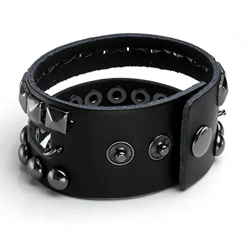 MILAKOO Bracciale di pelle a fascia larga con borchie metalliche nero motociclista punk rock cinturino miniatura 2