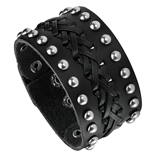 MILAKOO Bracciale di pelle a fascia larga con borchie metalliche unisex nero con borchie di metallo in stile miniatura 2