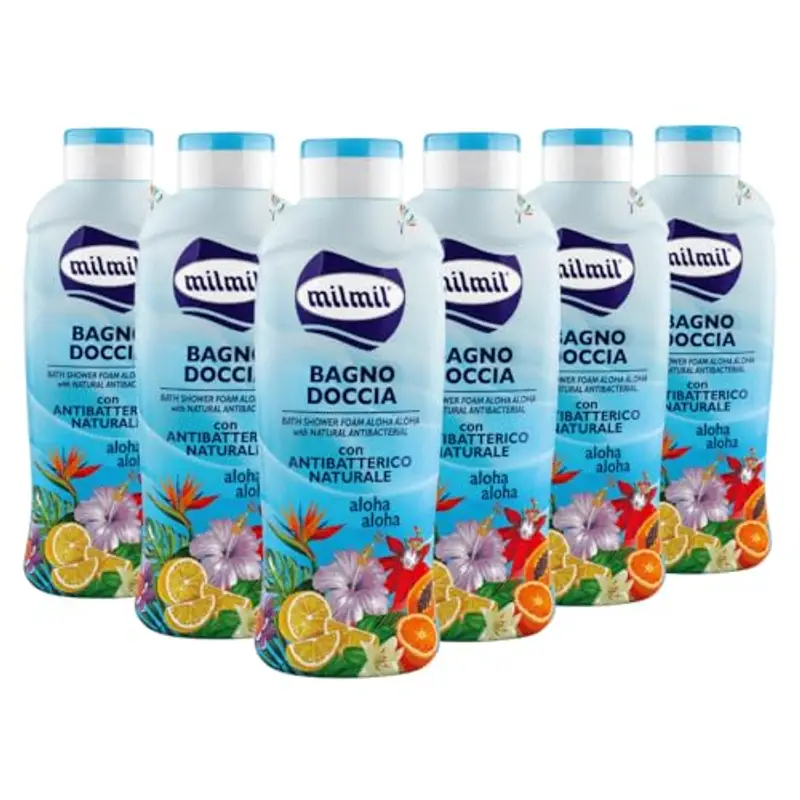 Milmil Bagno Doccia Aloha Aloha, Fragranza Intensa con Antibatterico Naturale, Dermatologicamente Testato PH Fisiologico - 6 x 1000 ML