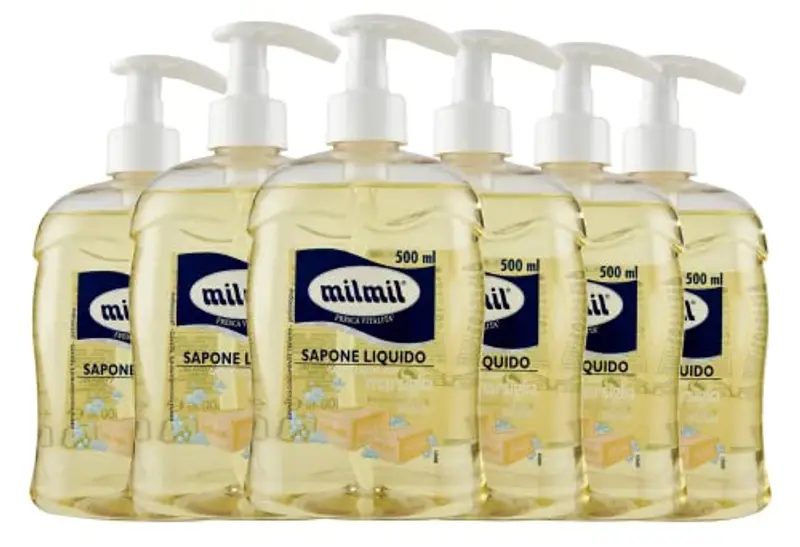 Milmil Sapone Liquido, Fragranza Marsiglia, con Dispenser, Sapone Mani, Viso e Corpo, Dermatologicamente Testato - 6 x 500 ML